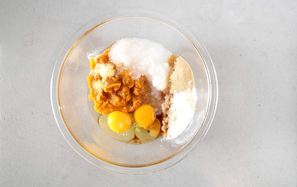 instructions - add the eggs, pumpkin, sweetener, vanilla and salt to a large bowl and stir to incorporate