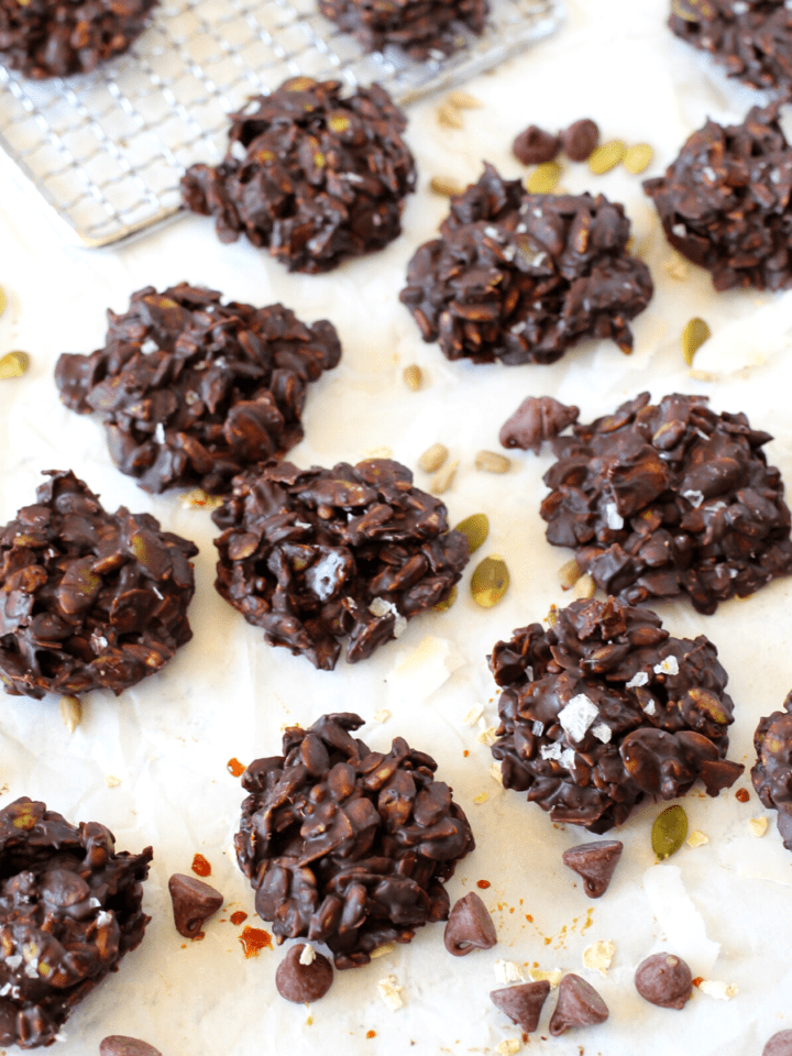 mounds of dark chocolate covered seeds and coconut