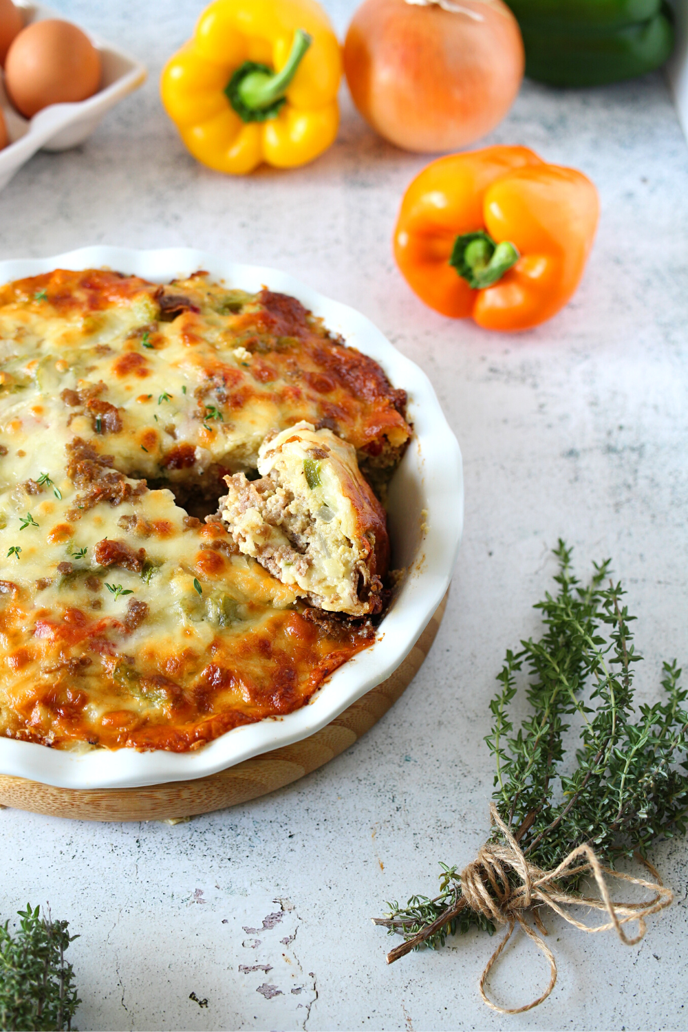 a slice of this easy keto quiche recipe on its side