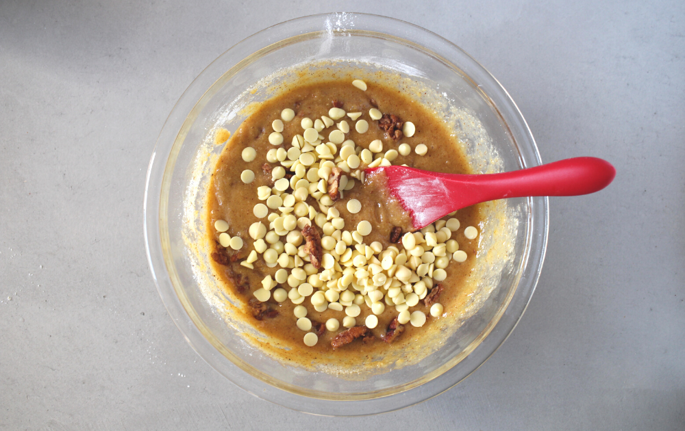 Step 3 - Fold in the sugar-free white chocolate chips and keto candied pecans