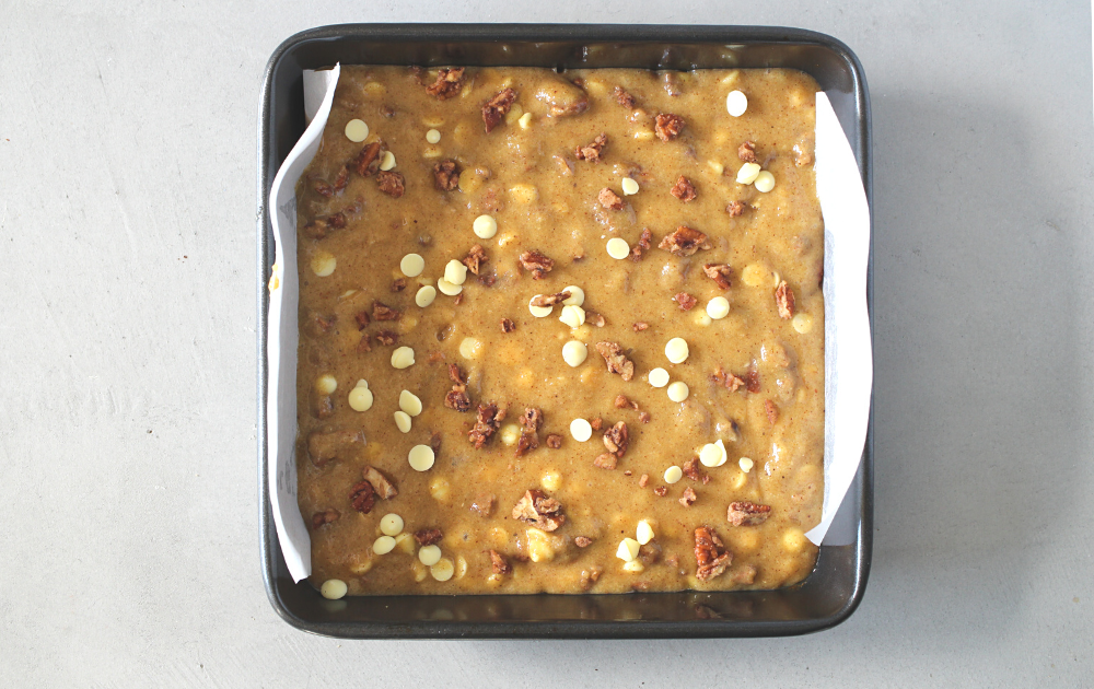 Step 4 - Spread the keto pecan bars into a parchment lined pan and bake at 325 degrees F.