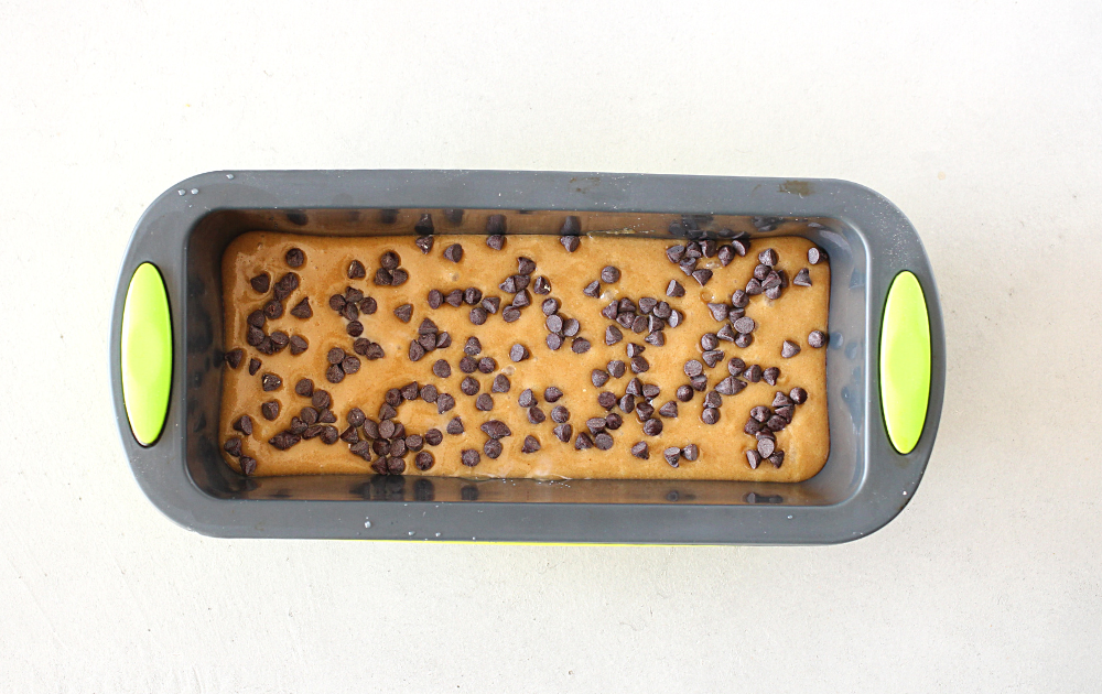 Instructions - Spread the mixture into a loaf pan and press chocolate chips on the top