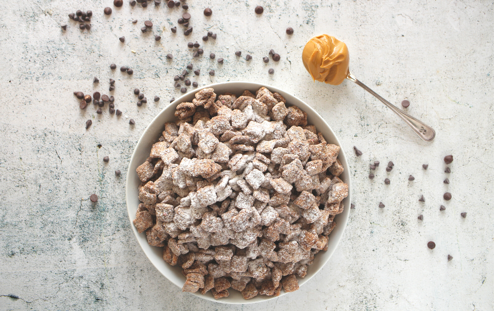 sugar-free muddy buddies in a bowl