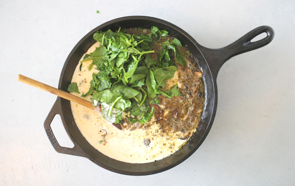 Instructions - Add heavy cream, tarragon and spinach and heat