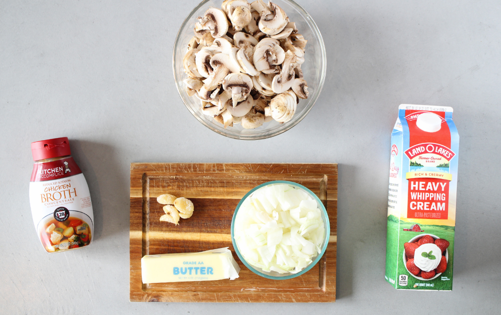 easy keto homemade soup ingredients include mushrooms, bouillon, onion and heavy cream