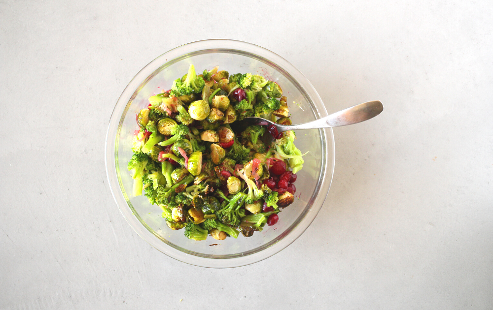 In a large bowl, toss together the softened broccoli, roasted Brussels sprouts and cranberry vinaigrette.
