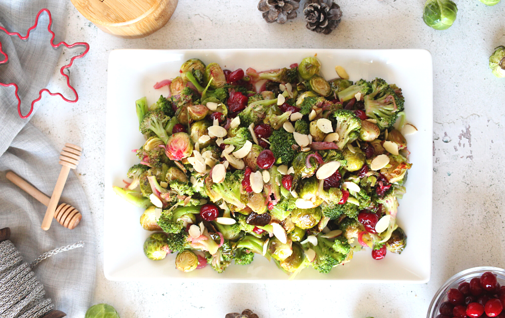 Place the keto Brussels Sprout Broccoli Salad on a serving dish and sprinkle with sliced almonds, if desired.