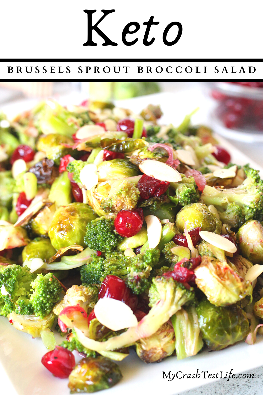healthy keto plant-based vegan salad with roasted Brussels Sprouts and Broccoli tossed in a sweet cranberry vinaigrette