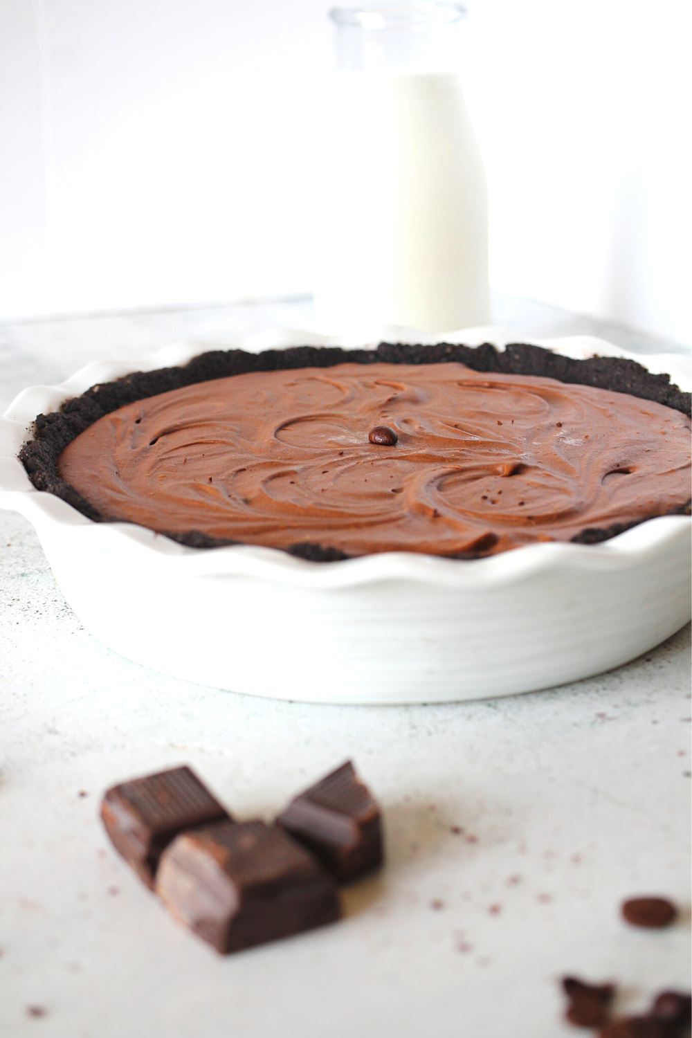 no bake keto pie with a chocolate filling and chocolate keto crust