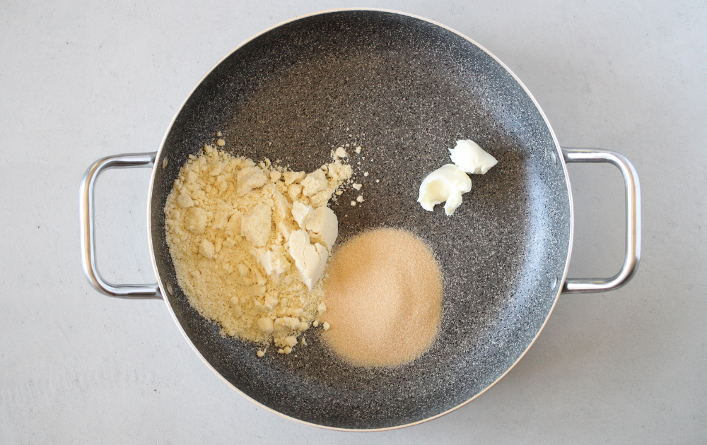 Instructions - Add the almond flour, brown sugar and palm shortening to a saucepan.  Heat on medium heat, stirring constantly, until almond flour begins to brown and sweetener melts (about 5 minutes)