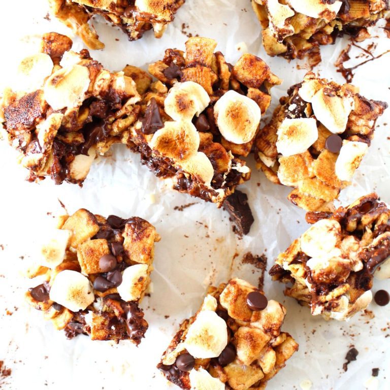 easy keto cereal bars with graham cereal, sugar-free marshmallows and chocolate