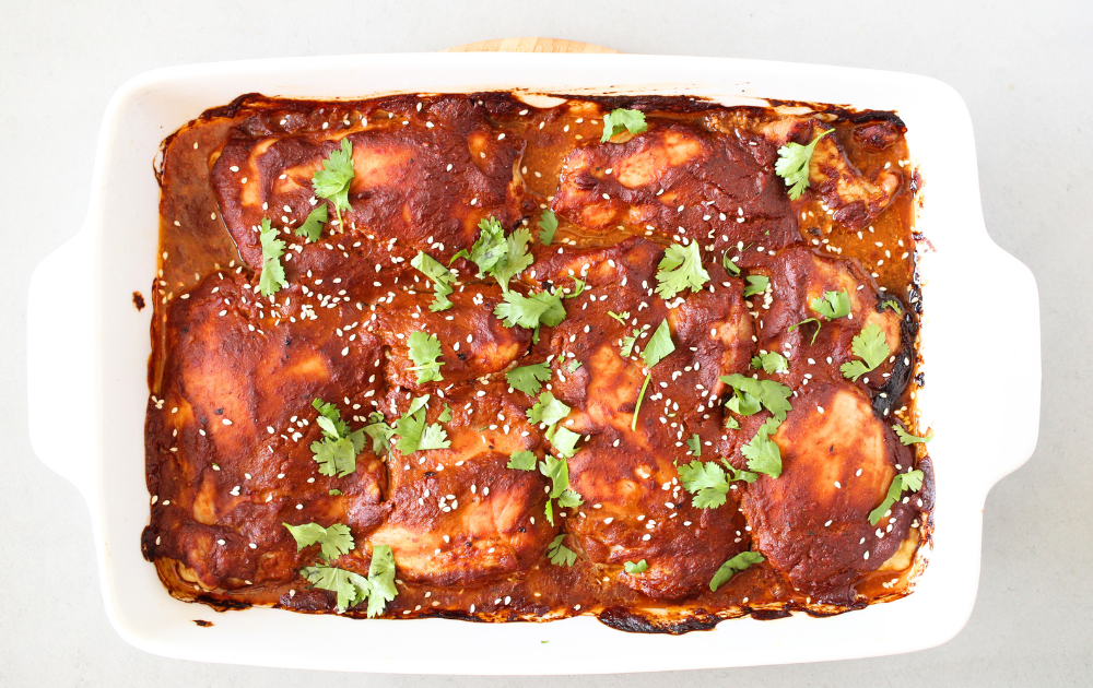 Bake for 30 minutes or until the internal temperature reads 160 degrees F. Remove from oven and let sit for 10 minutes. Serve with a garnish of sprinkled sesame seeds.