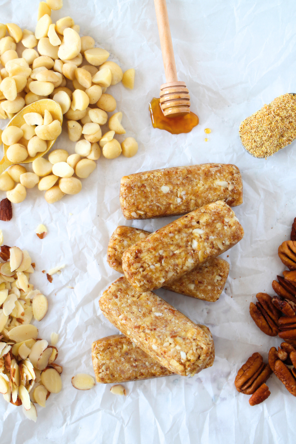 top view of copycat prolon fasting bars with macadamia nuts, honey, almonds and pecans