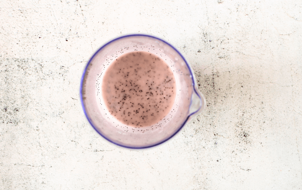 top view of the immersion blender bowl with sugar-free poppy seed dressing in the bowl
