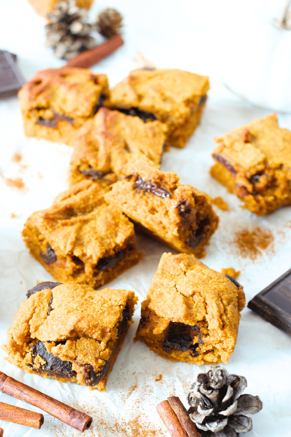 sugar-free pumpkin bars cut into squares with cinnamon sticks and sugar-free chocolate scattered throughout