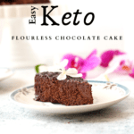 a slice of keto chocolate flourless cake made without nuts served on a plate with flower decorations