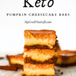 3 keto pumpkin chiffon cheesecake bars stacked on top of each other with a cinnamon stick in the background