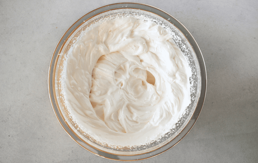 top view of sugar-free marshmallow frosting after being heated and whipped