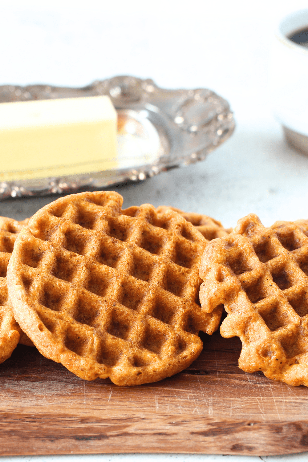 keto mini waffles lined up on top of each other for the perfect carnivore breakfast idea
