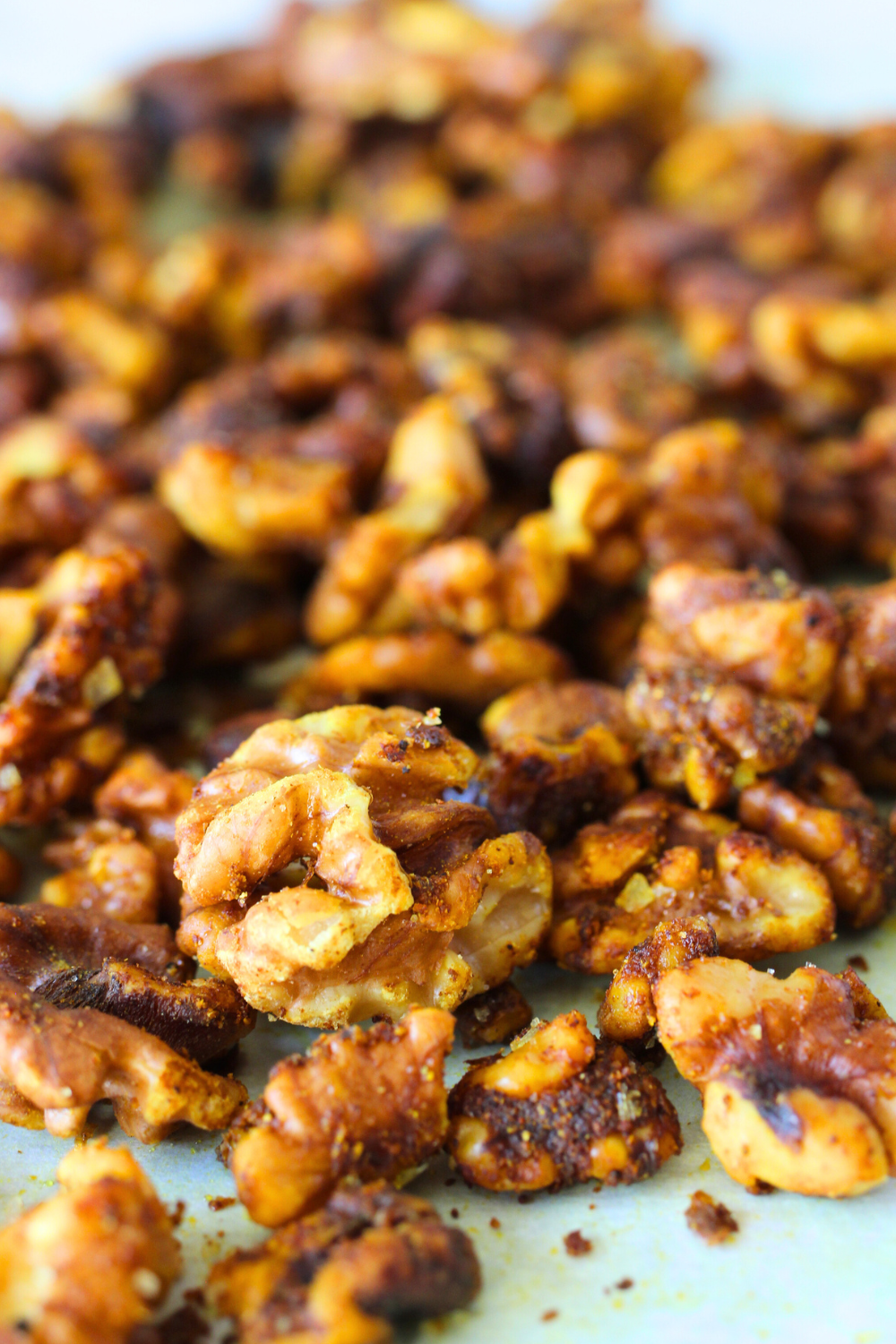close up of a keto flavoured nut that has been spiced with curry powder and turmeric and baked in the oven