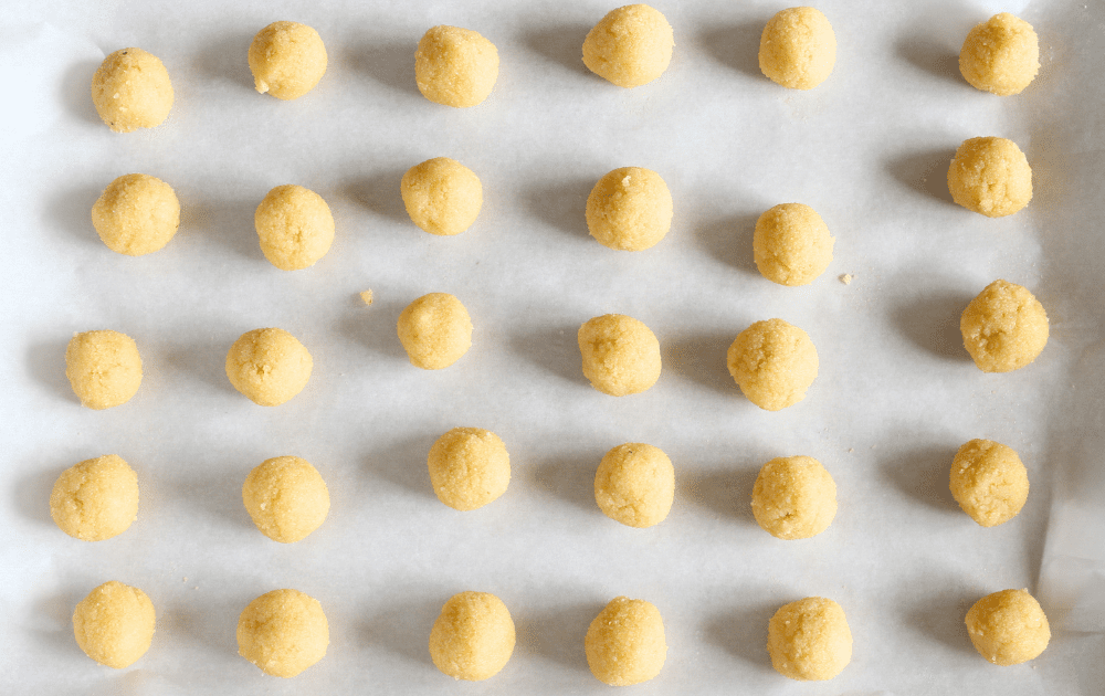 top view of Keto Italian cookies after being rolled into tight  gluten-free cookie dough balls
