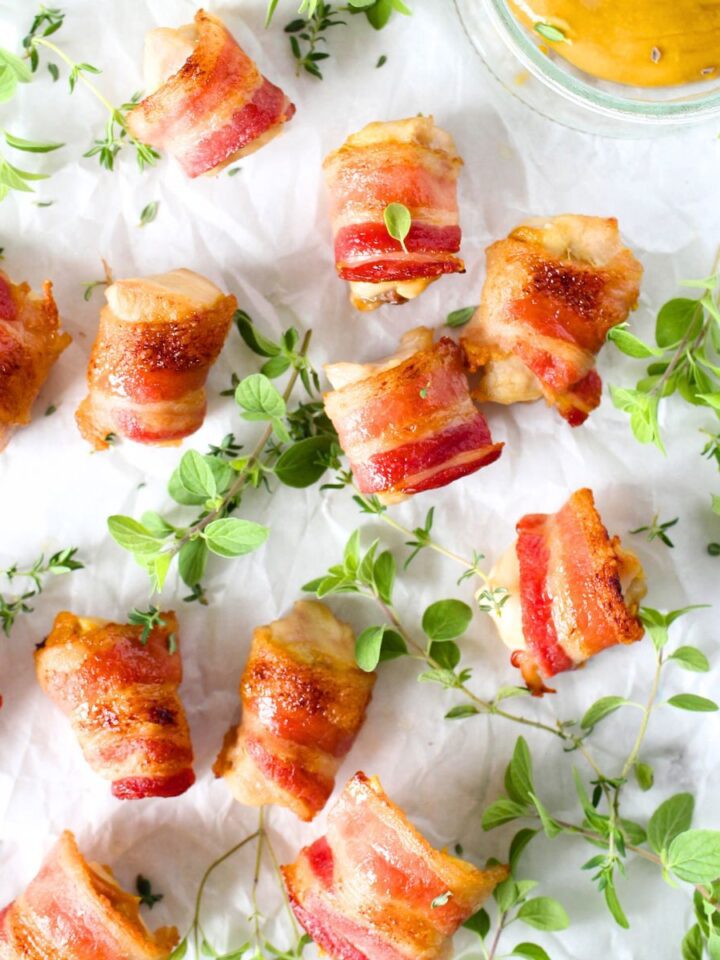 top view of an easy keto appetizer of keto chicken bacon bites