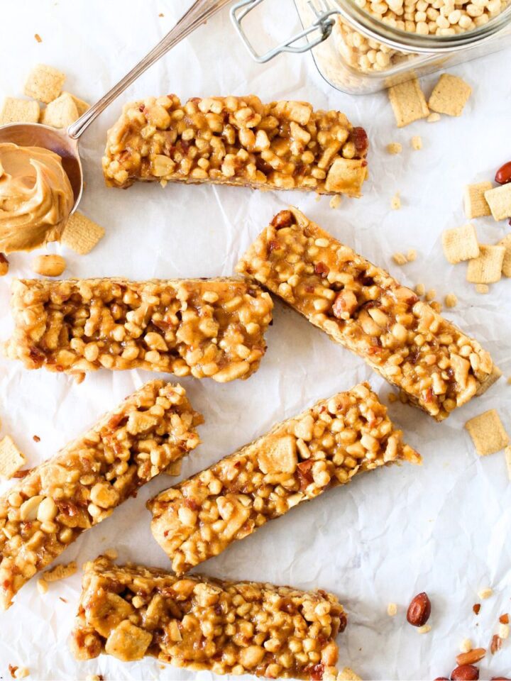 top view of keto cereal bars made with peanut butter and soy crisps cereal