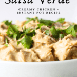 side view of a bowl filled with low carb salsa chicken made in an a instant pot