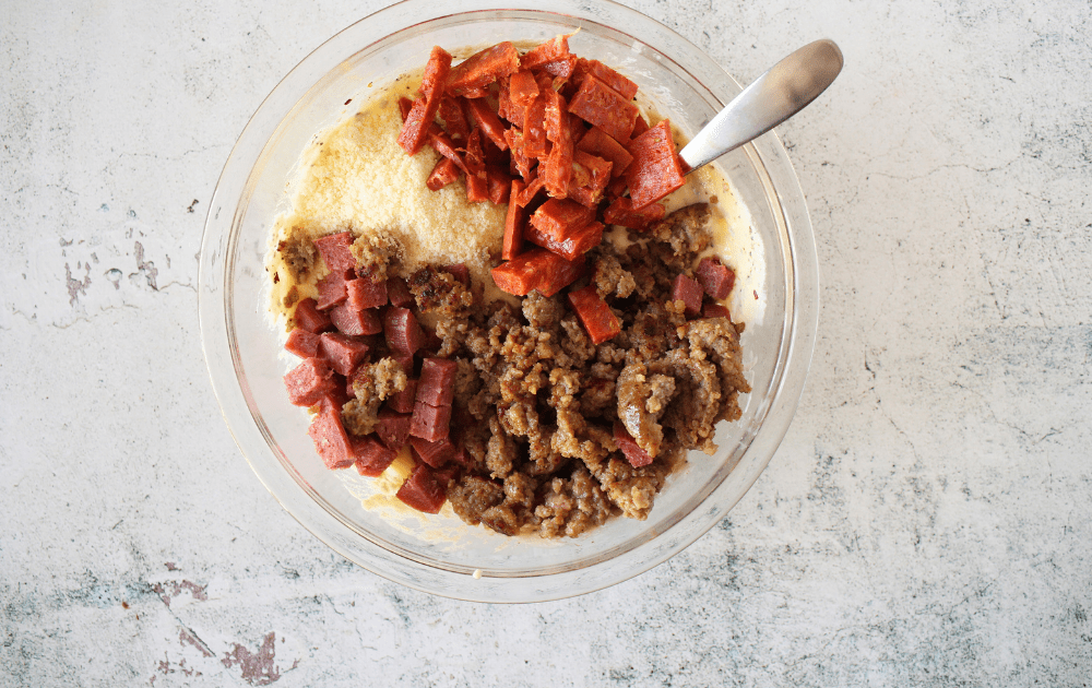 top view of a mixing bowl with chopped Italian meats