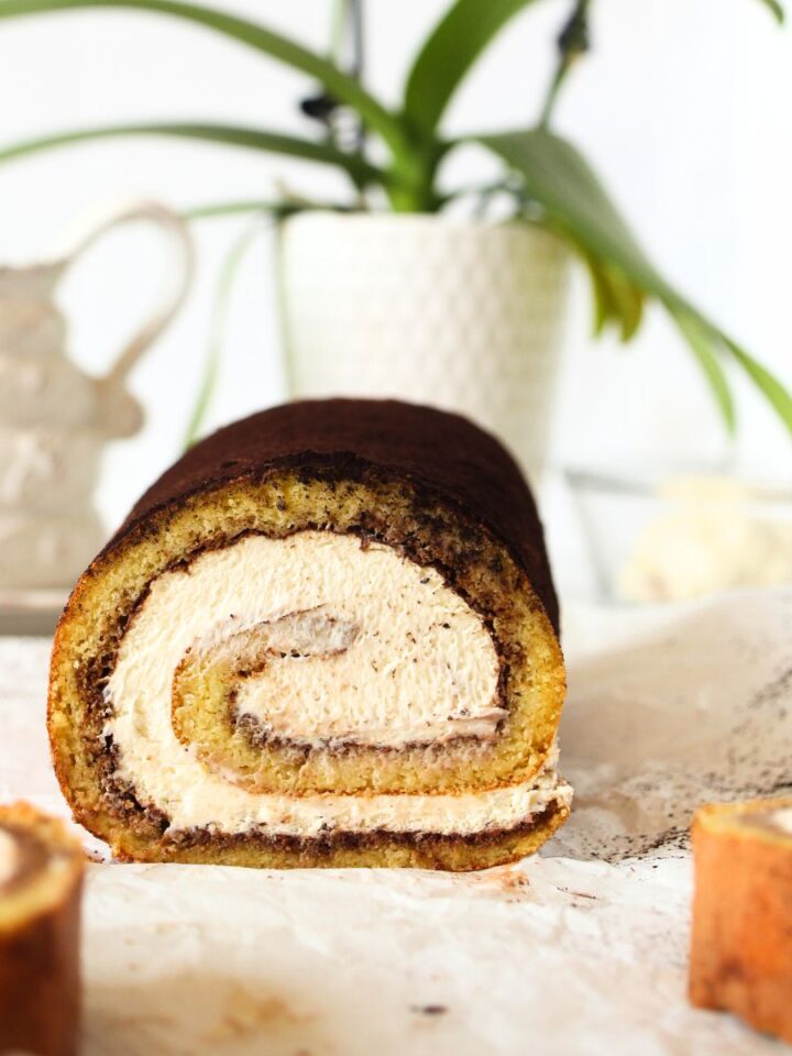 front view of an easy Keto Tiramisu Roll Cake with sugar-free mascarpone filling
