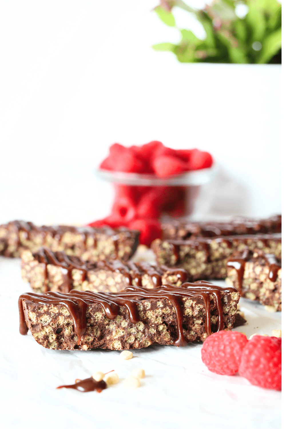 Keto crunch bars with sugar-free chocolate drizzle and raspberries