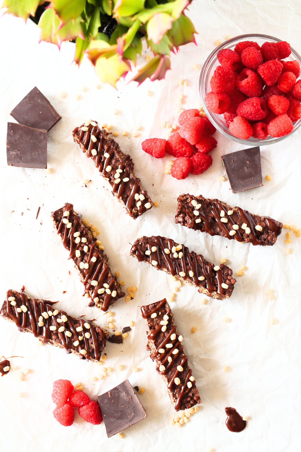 keto chocolate crunch bars with chocolate and raspberries