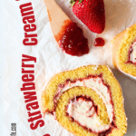 a slice of keto strawberry cream roll cake filled with a layer of sugar-free strawberry jam and strawberry whipped cream