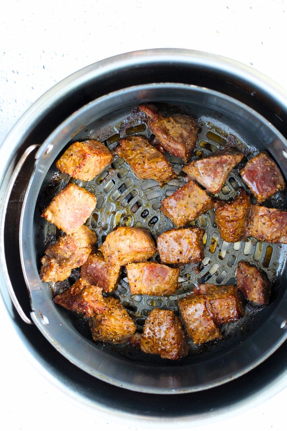 keto air fryer steak bites after being roasted in an air fryer
