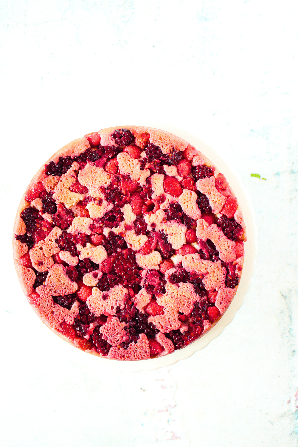 top view of sugar-free blackberry cake after being inverted onto a cake stand