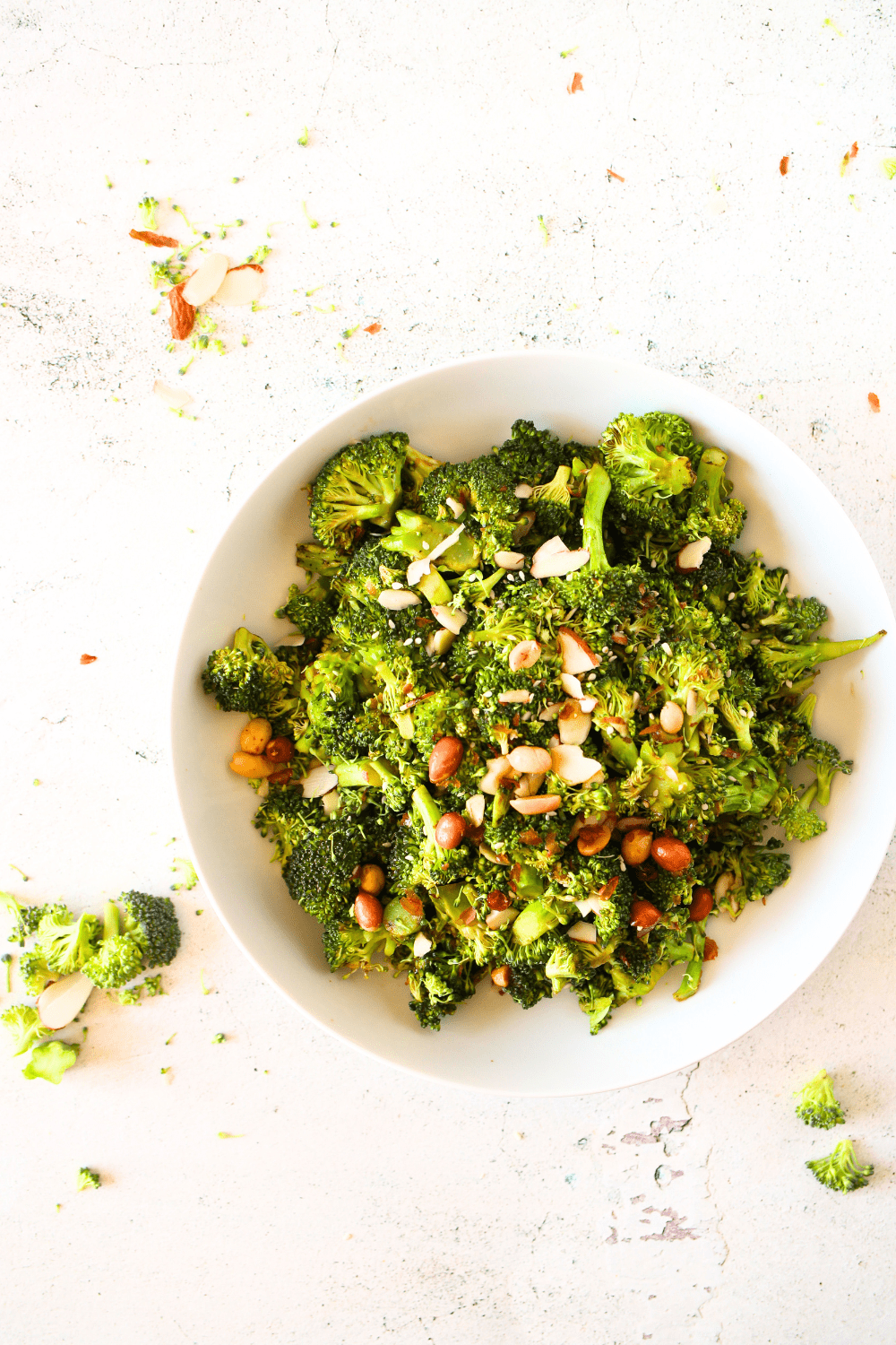 top view of a keto summer salad recipe made with broccoli and peanut sauce