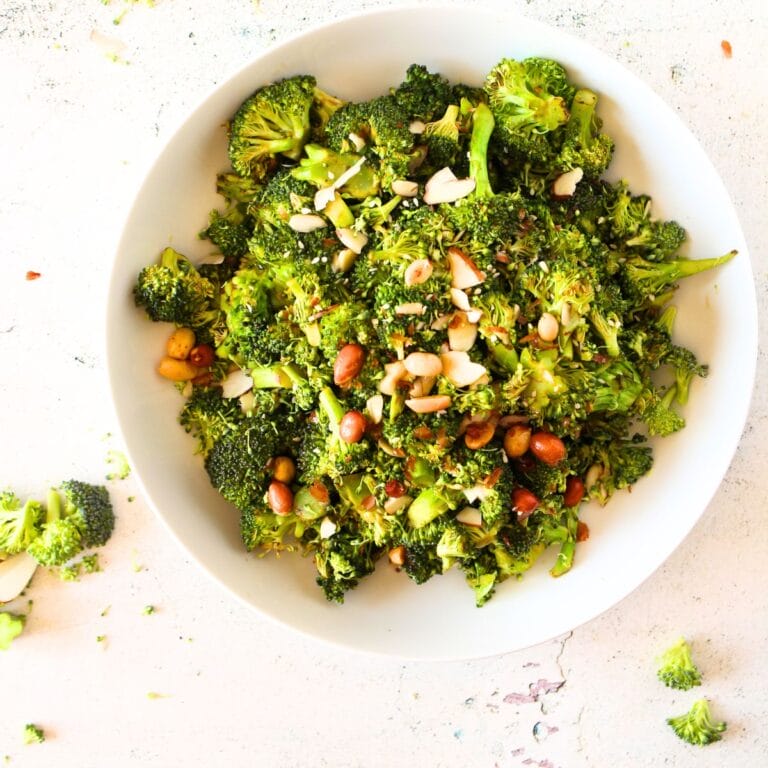 top view of a keto summer salad recipe made with broccoli and peanut sauce