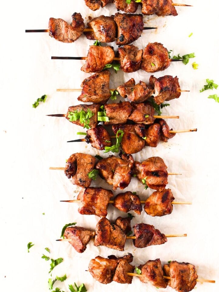 Grilled Filipino Keto BBQ Pork Skewers with chopped cilantro
