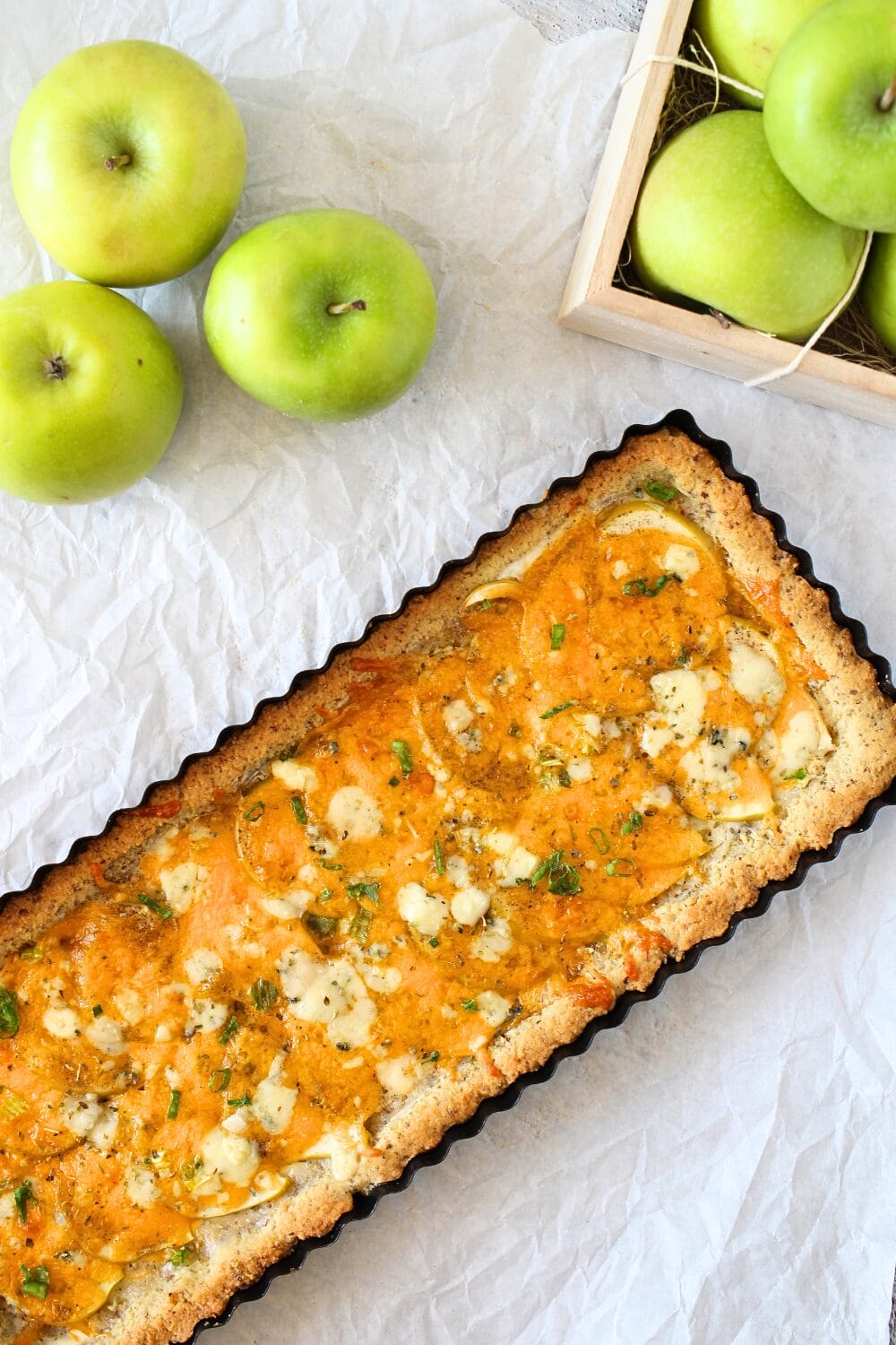 top view of keto cheddar tart with apples