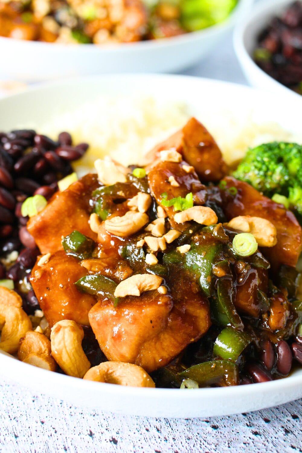 view of PSMF cashew chicken recipe with broccoli and soy black beans