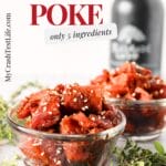 top view of keto salmon teriyaki poke in serving dishes with soy sauce and fresh herbs