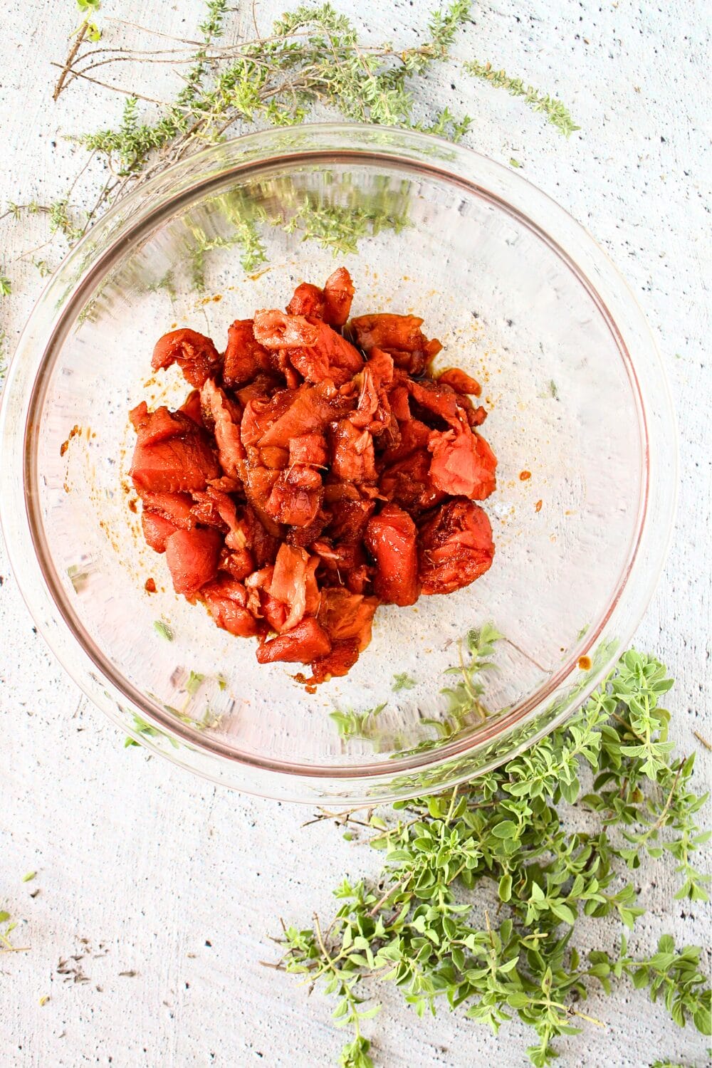 top view of a mixing bowl with a PSMF fish recipe with salmon and soy sauce