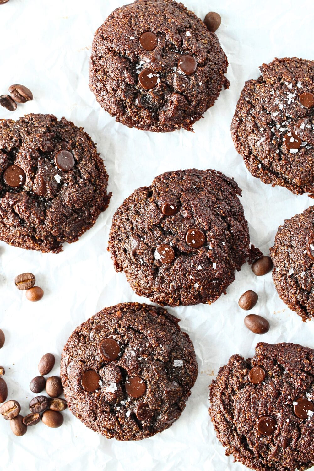 top view of keto coffee cookies with sugar-free chocolate chip and espresso beans