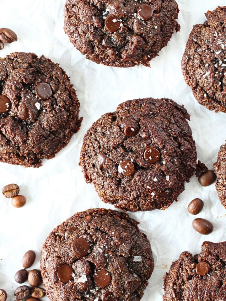 top view of keto coffee cookies with sugar-free chocolate chip and espresso beans