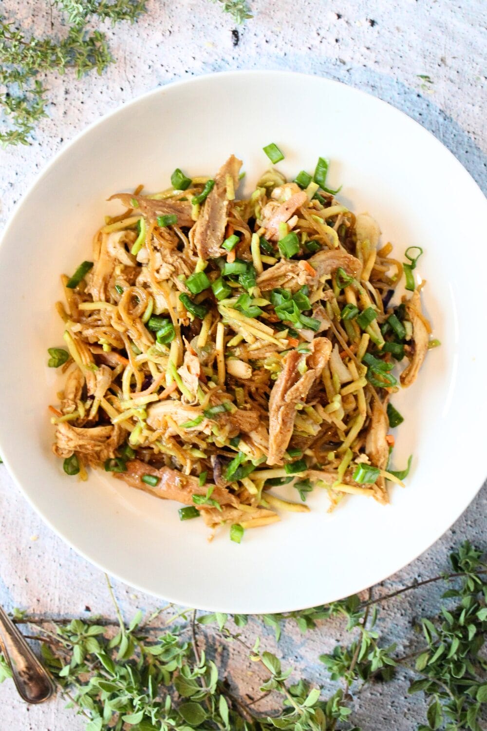 a bowl of keto warm almond butter noodles made with leftover rotisserie chicken