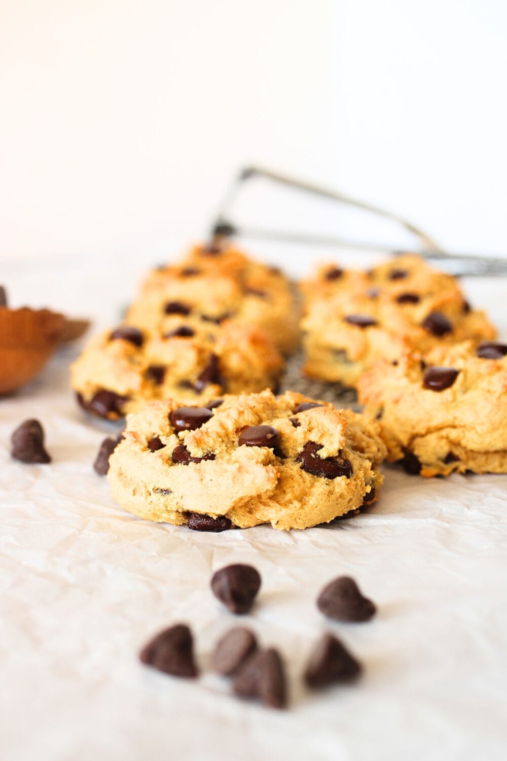 high protein chocolate chip cookie with scattered sugar-free chocolate chips