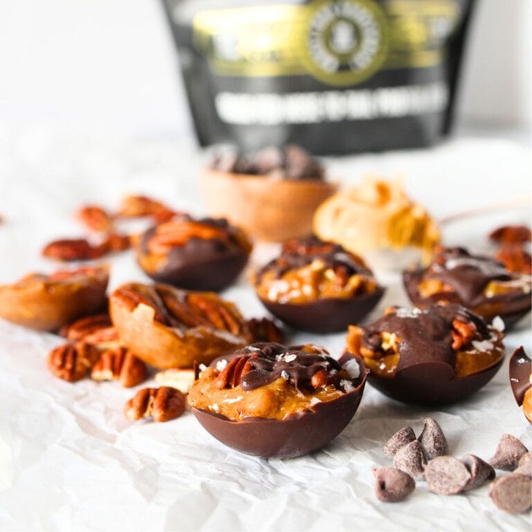 keto roasted pecan chocolate clusters with beef protein powder.