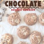 top view of high protein chocolate souffle cookies with sugar-free chocolate chips scattered around sugar-free cookies