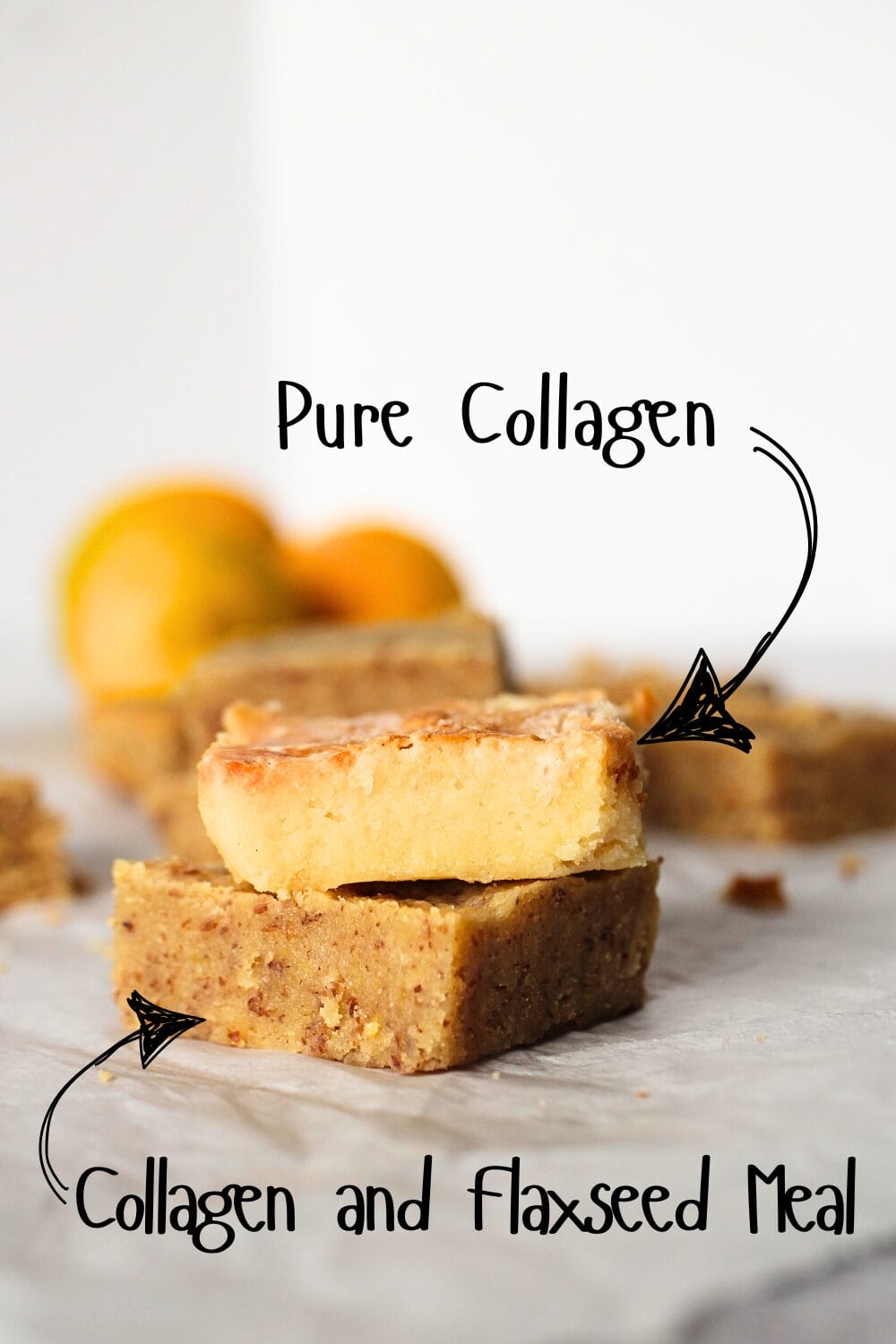 front view of sugar-free lemon collagen lemon cookie bars made using flaxseed meal instead of collagen