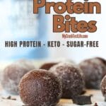 front view of chocolate collagen bites with Naked collagen creamer in the background and sugar-free chocolate scattered around